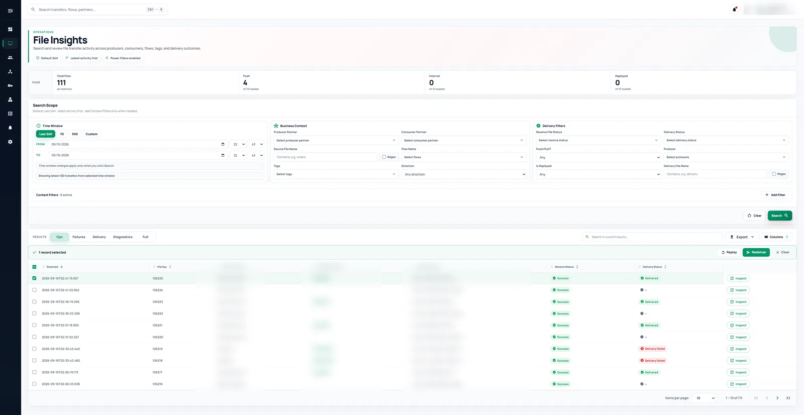 DIVE File Insights screen: search filters for time window, business context and delivery status, above a results table of file transfers