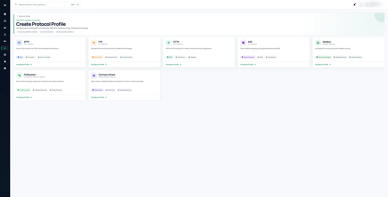 DIVE protocol profile cards for SFTP, FTP, HTTP, AS2, Mailbox, FileSystem and Connect:Direct