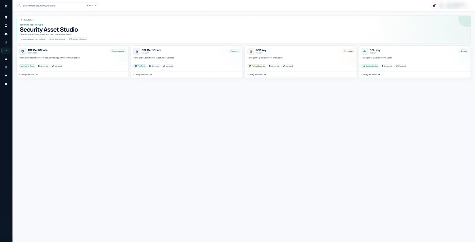 DIVE Security Asset Studio cards for AS2 certificates, SSL certificates, PGP keys and SSH keys